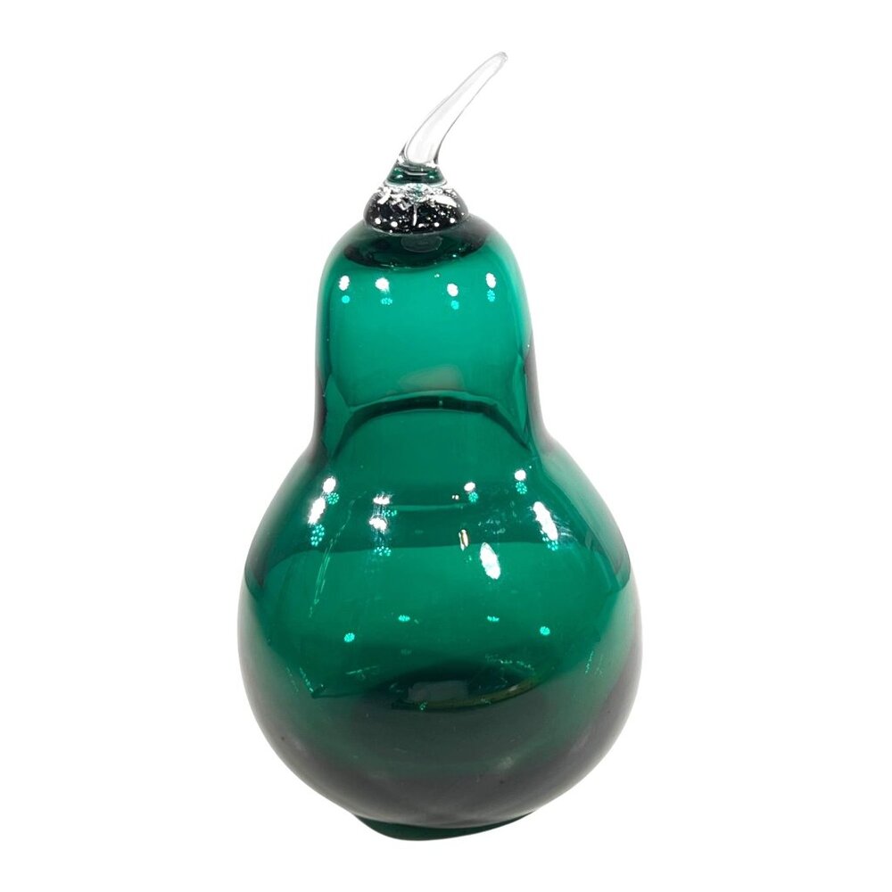 Vtg Blenko Hand Blown Glass Pear Emerald Green Clear Applied Stem Fruit MCM